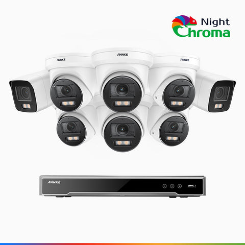 NightChroma<sup>TM</sup> NCK800 - Kit videosorveglianza PoE 8 canali 4 MPX, 2 telecamere bullet e 6 telecamere turret, Telecamera di Sicurezza IP 4K UHD Visione Notturna Full Color con Straordinaria Apertura f/1.0, Compatibile con Alexa (I91BQ)