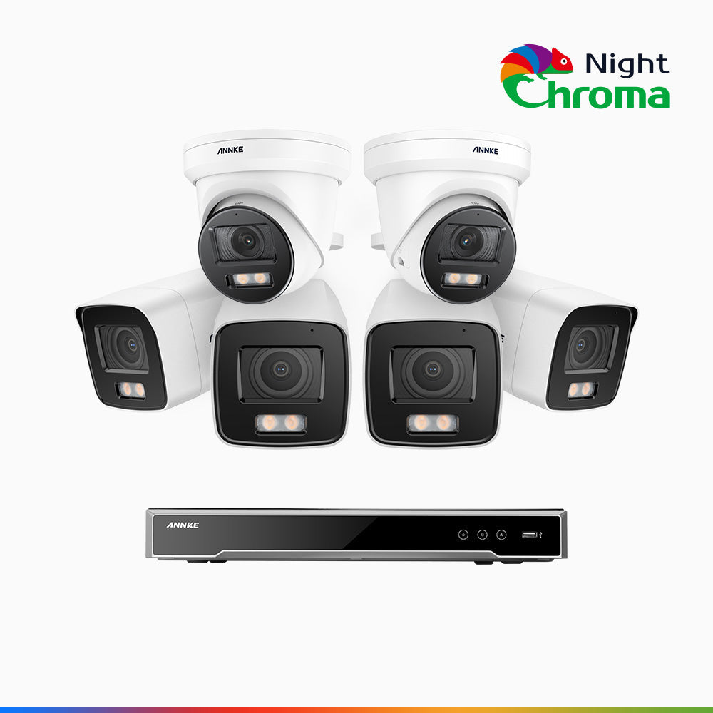 NightChroma<sup>TM</sup> NCK800 - Kit videosorveglianza PoE 8 canali 4K, 4 telecamere bullet e 2 telecamere turret, Telecamera di Sicurezza IP 4K UHD Visione Notturna Full Color con Straordinaria Apertura f/1.0, Compatibile con Alexa (I91BQ)