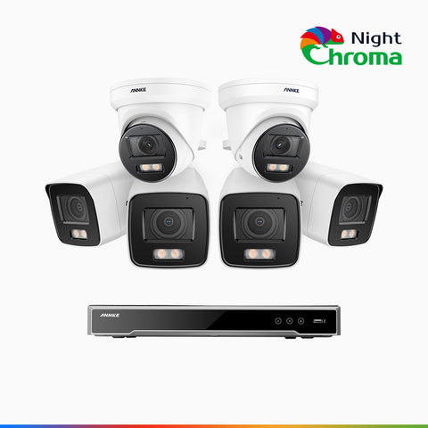 NightChroma<sup>TM</sup> NCK800 - Kit videosorveglianza PoE 8 canali 4 MPX, 4 telecamere bullet e 2 telecamere turret, Telecamera di Sicurezza IP 4K UHD Visione Notturna Full Color con Straordinaria Apertura f/1.0, Compatibile con Alexa (I91BQ)