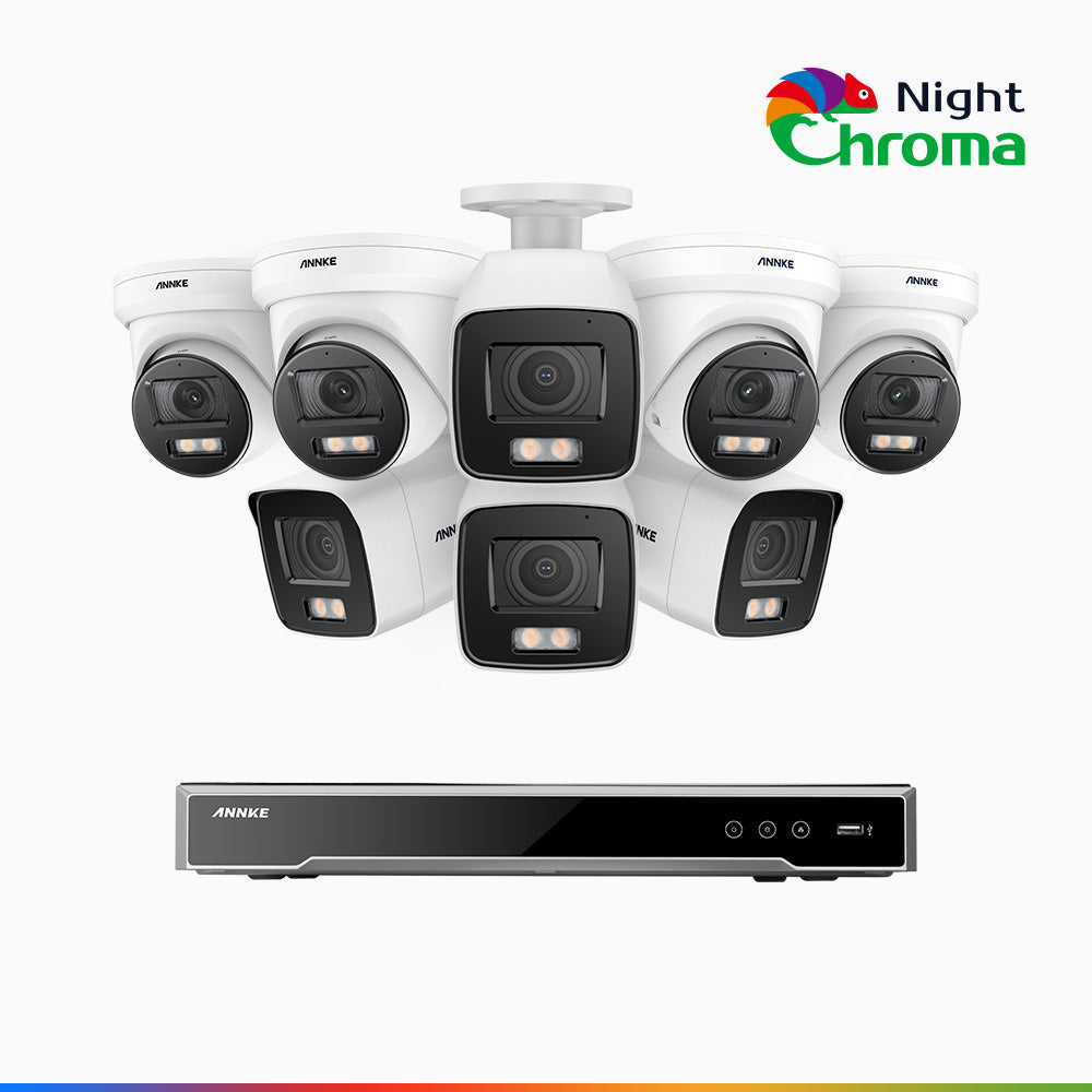 NightChroma<sup>TM</sup> NCK800 - Kit videosorveglianza PoE 8 canali 4K, 4 telecamere bullet e 4 telecamere turret, Telecamera di Sicurezza IP 4K UHD Visione Notturna Full Color con Straordinaria Apertura f/1.0, Compatibile con Alexa (I91BQ)