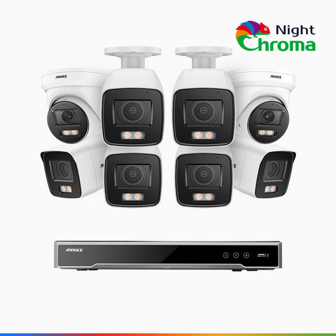 NightChroma<sup>TM</sup> NCK800 - Kit videosorveglianza PoE 8 canali 4 MPX, 6 telecamere bullet e 2 telecamere turret, Telecamera di Sicurezza IP 4K UHD Visione Notturna Full Color con Straordinaria Apertura f/1.0, Compatibile con Alexa (I91BQ)