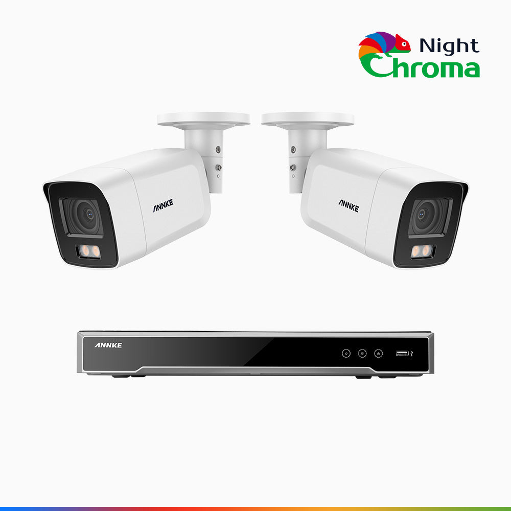 NightChroma<sup>TM</sup> NCK800 - Kit videosorveglianza PoE 8 canali con 2 telecamere 4K, Telecamera di Sicurezza PoE IP Acme 4K UHD Visione Notturna Full Color con Straordinaria Apertura  f/1.0, Compatibile con Alexa (I91BQ)