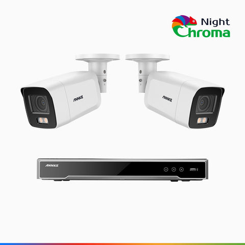 NightChroma<sup>TM</sup> NCK800 - Kit videosorveglianza PoE 8 canali con 2 telecamere 4 MPX, Telecamera di Sicurezza PoE IP Acme 4K UHD Visione Notturna Full Color con Straordinaria Apertura  f/1.0, Compatibile con Alexa (I91BQ)