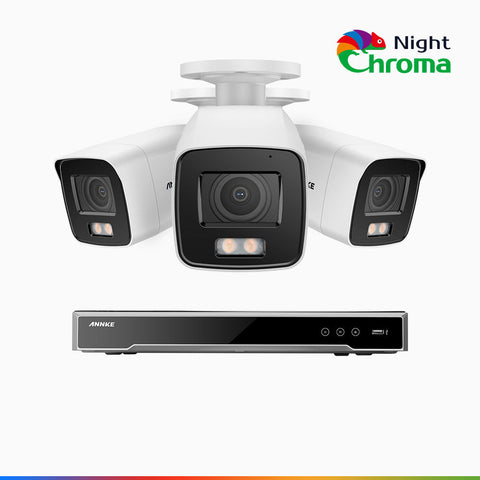NightChroma<sup>TM</sup> NCK800 - Kit videosorveglianza PoE 8 canali con 3 telecamere 4 MPX, Telecamera di Sicurezza PoE IP Acme 4K UHD Visione Notturna Full Color con Straordinaria Apertura  f/1.0, Compatibile con Alexa (I91BQ)