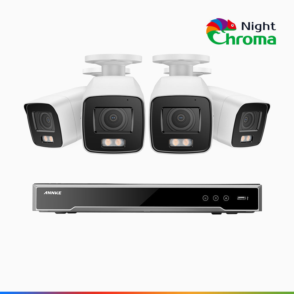 NightChroma<sup>TM</sup> NCK800 - Kit videosorveglianza PoE 8 canali con 4 telecamere 4K, Telecamera di Sicurezza PoE IP Acme 4K UHD Visione Notturna Full Color con Straordinaria Apertura  f/1.0, Compatibile con Alexa (I91BQ)