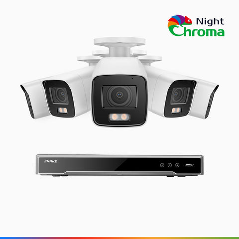 NightChroma<sup>TM</sup> NCK800 - Kit videosorveglianza PoE 8 canali con 5 telecamere 4 MPX, Telecamera di Sicurezza PoE IP Acme 4K UHD Visione Notturna Full Color con Straordinaria Apertura  f/1.0, Compatibile con Alexa (I91BQ)