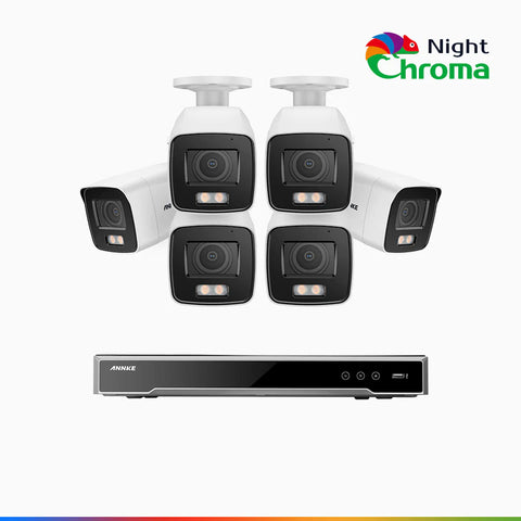 NightChroma<sup>TM</sup> NCK800 - Kit videosorveglianza PoE 8 canali con 6 telecamere 4 MPX, Telecamera di Sicurezza PoE IP Acme 4K UHD Visione Notturna Full Color con Straordinaria Apertura  f/1.0, Compatibile con Alexa (I91BQ)