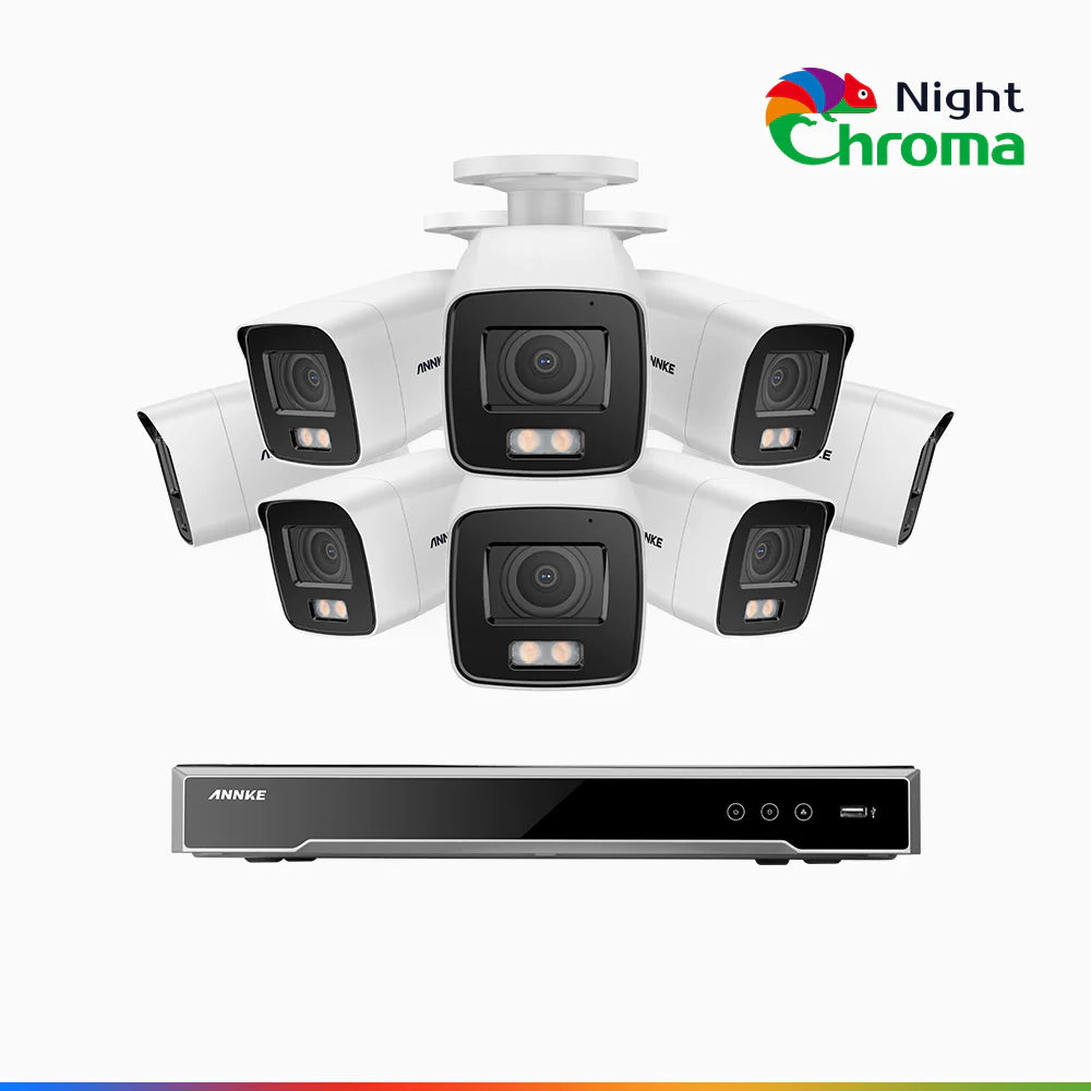 NightChroma<sup>TM</sup> NCK800 - Kit videosorveglianza PoE 8 canali con 8 telecamere 4K, Telecamera di Sicurezza PoE IP Acme 4K UHD Visione Notturna Full Color con Straordinaria Apertura  f/1.0, Compatibile con Alexa (I91BQ)