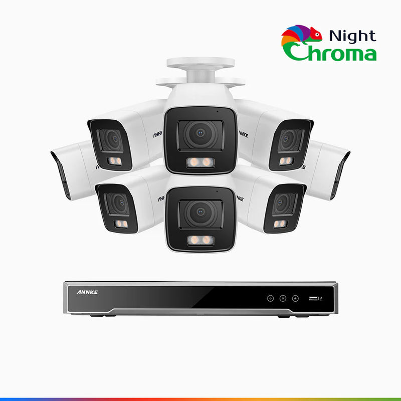 NightChroma<sup>TM</sup> NCK800 - Kit videosorveglianza PoE 8 canali con 8 telecamere 4 MPX, Telecamera di Sicurezza PoE IP Acme 4K UHD Visione Notturna Full Color con Straordinaria Apertura  f/1.0, Compatibile con Alexa (I91BQ)