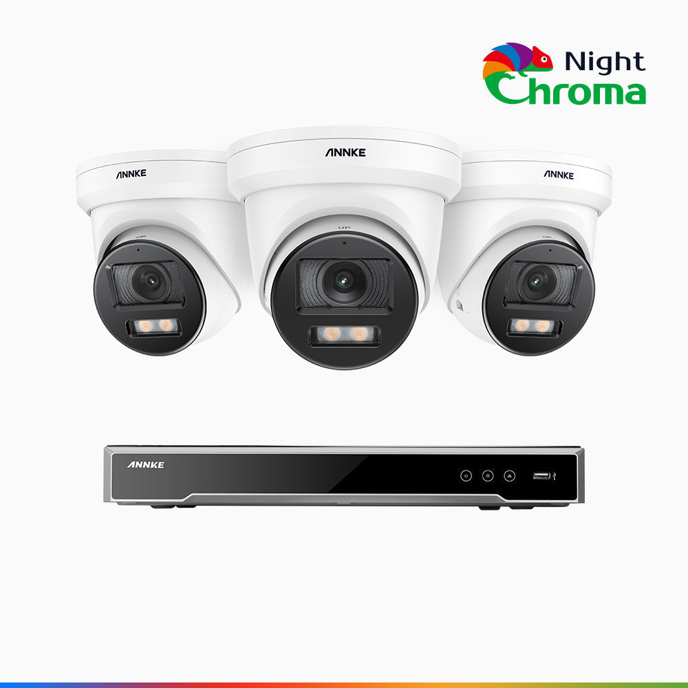 NightChroma<sup>TM</sup> NCK800 - Kit videosorveglianza PoE 8 canali con 3 telecamere 4K, Telecamera di Sicurezza PoE IP Acme 4K UHD Visione Notturna Full Color con Straordinaria Apertura  f/1.0, Compatibile con Alexa (I91BQ)