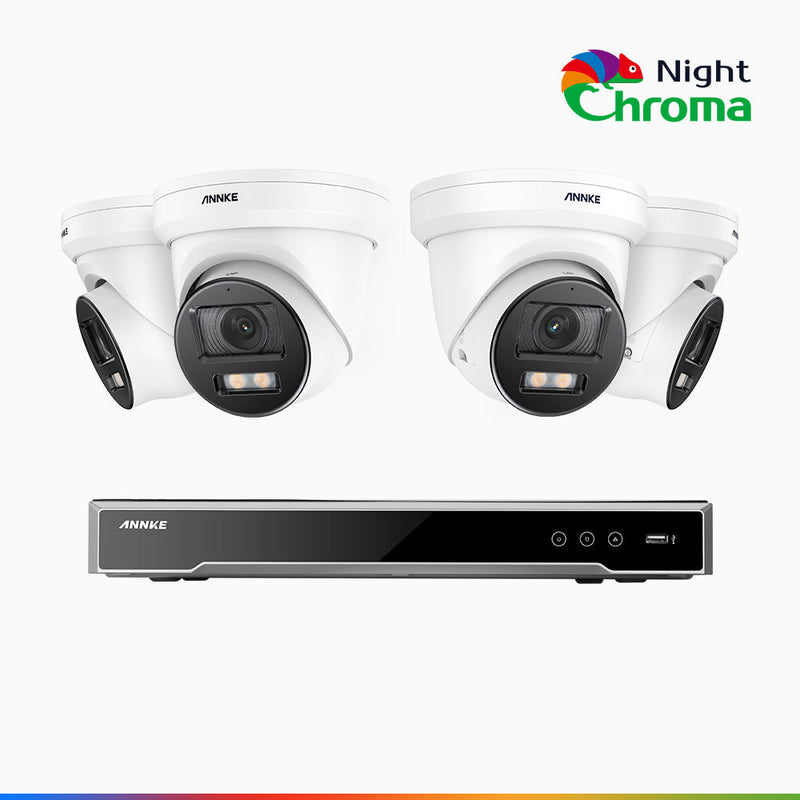 NightChroma<sup>TM</sup> NCK800 - Kit videosorveglianza PoE 8 canali con 4 telecamere 4 MPX, Telecamera di Sicurezza PoE IP Acme 4K UHD Visione Notturna Full Color con Straordinaria Apertura  f/1.0, Compatibile con Alexa (I91BQ)