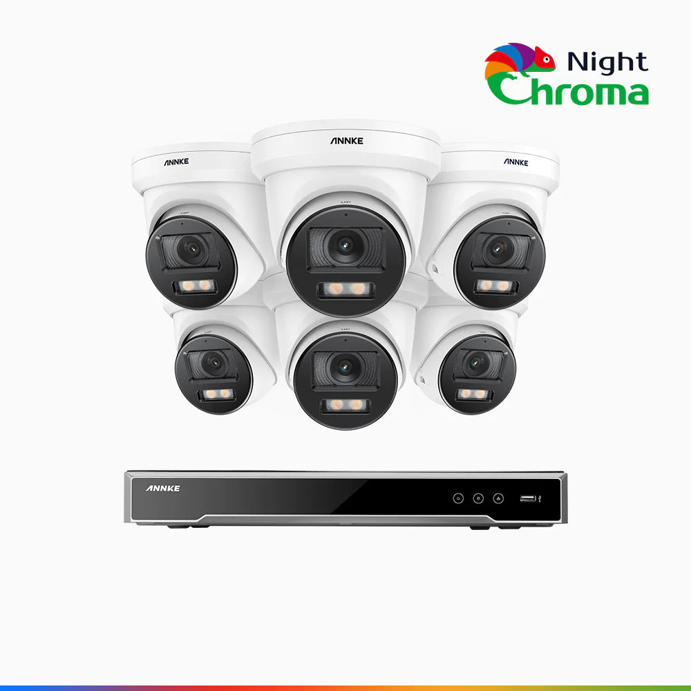 NightChroma<sup>TM</sup> NCK800 - Kit videosorveglianza PoE 8 canali con 6 telecamere 4K, Telecamera di Sicurezza PoE IP Acme 4K UHD Visione Notturna Full Color con Straordinaria Apertura  f/1.0, Compatibile con Alexa (I91BQ)