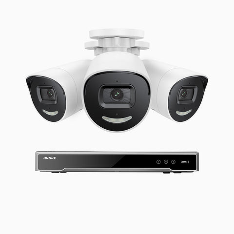 AH800 - Kit videosorveglianza PoE 8 canali con 3 telecamere 4K con sensore BSI da 1/1,8'', apertura f/1,6 (0,003 Lux), sirena e allarme stroboscopico, audio bidirezionale, rilevamento di persone e veicoli, protezione perimetrale, funziona con Alexa
