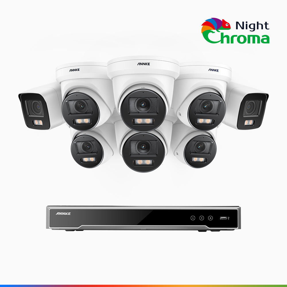 NightChroma<sup>TM</sup> NCK800 - Kit videosorveglianza PoE 16 canali 4K, 2 telecamere bullet e 6 telecamere turret, Telecamera di Sicurezza IP 4K UHD Visione Notturna Full Color con Straordinaria Apertura  f/1.0, Compatibile con Alexa (I91BQ)