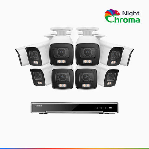 NightChroma<sup>TM</sup> NCK800 - Kit videosorveglianza PoE 16 canali con 10 telecamere 4 MPX, Telecamera di Sicurezza PoE IP Acme 4K UHD Visione Notturna Full Color con Straordinaria Apertura  f/1.0, Compatibile con Alexa (I91BQ)
