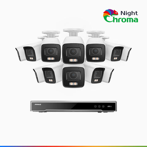 NightChroma<sup>TM</sup> NCK800 - Kit videosorveglianza PoE 16 canali con 12 telecamere 4 MPX, Telecamera di Sicurezza PoE IP Acme 4K UHD Visione Notturna Full Color con Straordinaria Apertura  f/1.0, Compatibile con Alexa (I91BQ)