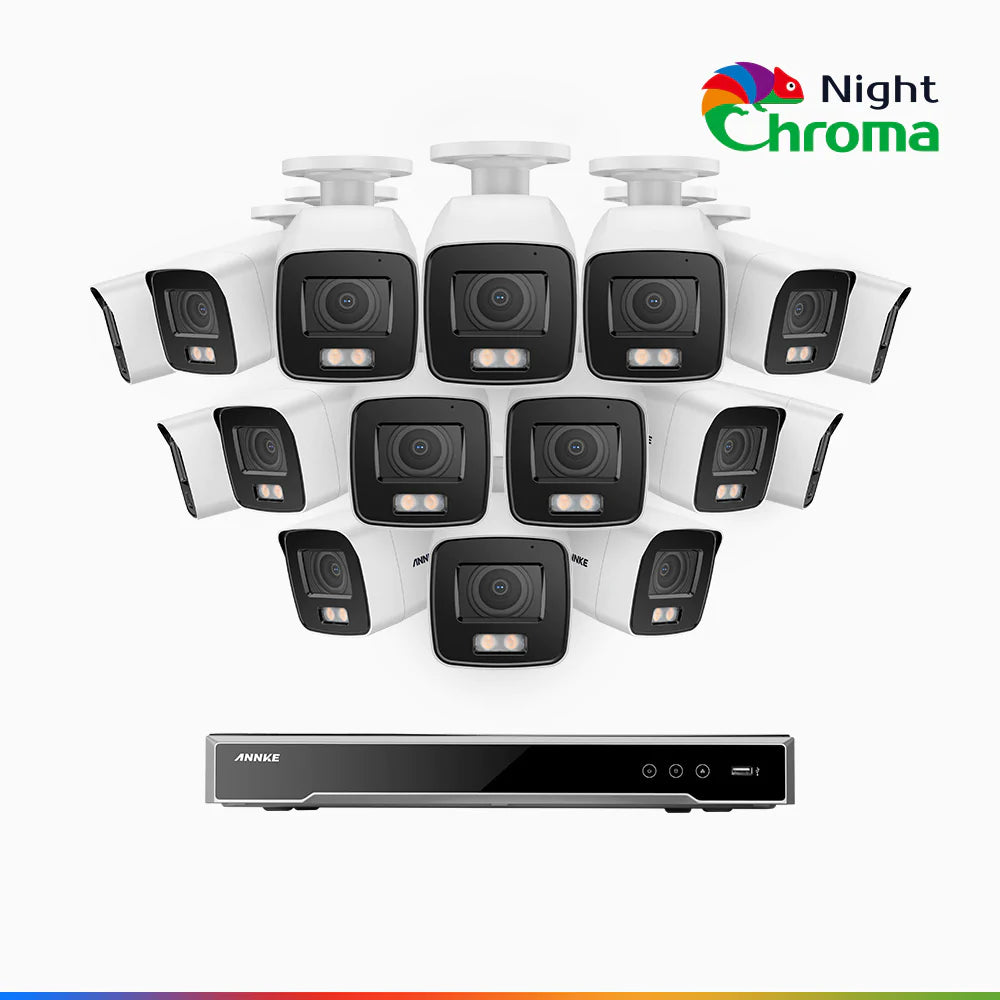 NightChroma<sup>TM</sup> NCK800 - Kit videosorveglianza PoE 16 canali con 16 telecamere 4K, Telecamera di Sicurezza PoE IP Acme 4K UHD Visione Notturna Full Color con Straordinaria Apertura  f/1.0, Compatibile con Alexa (I91BQ)