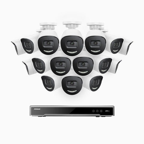 AH800 - Kit videosorveglianza PoE 16 canali con 16 telecamere 4K con sensore BSI da 1/1,8'', apertura f/1,6 (0,003 Lux), sirena e allarme stroboscopico, audio bidirezionale, rilevamento di persone e veicoli, protezione perimetrale, funziona con Alexa